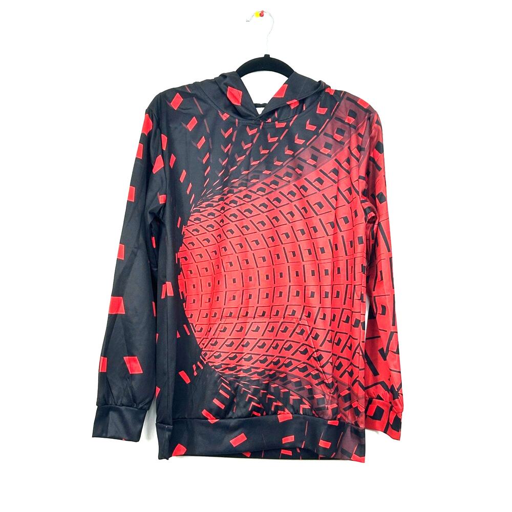 Graphic Hoodie Mens XLarge Red‎ Black Abstract Print Pullover Hooded Sweatshirt